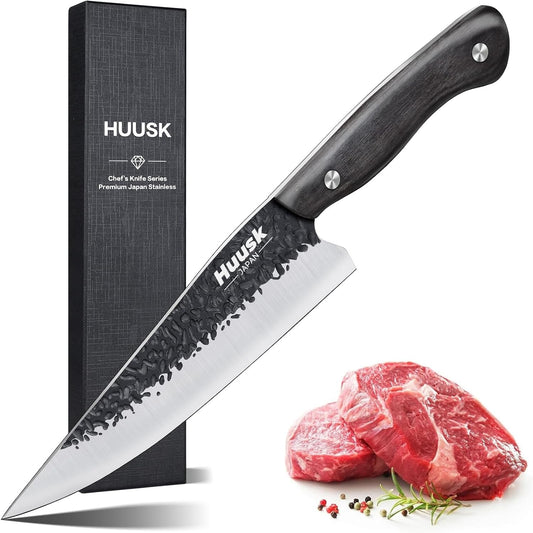 Huusk Japanese Chef Knife Set - Hand Forged Kitchen Knives for Meat Cutting - ATS-34 Carbon Steel Knives Set with Wooden Handle - Viking Cooking Knife Sets for BBQ Christmas Gift for Men and Women