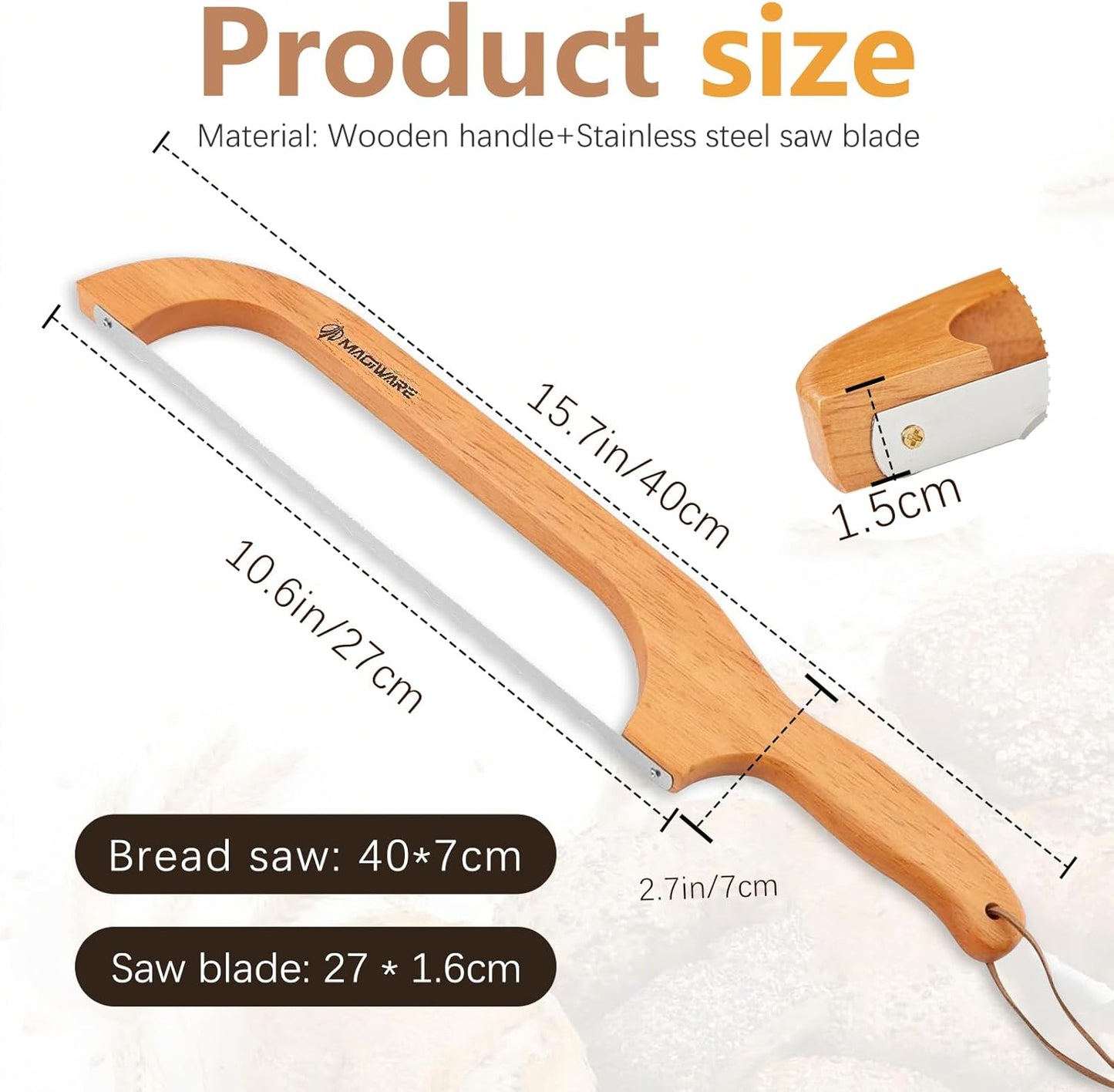 Magiware Bread Slicer Knife for Homemade Bread, Wooden Sourdough Bread Knife Cutter for Slicing, Serrated Bread Bow Knife Bread Saw Tool, Kitchen Baking Supplies (Acacia)