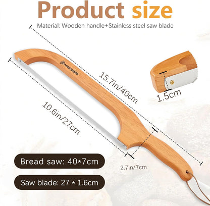 Magiware Bread Slicer Knife for Homemade Bread, Wooden Sourdough Bread Knife Cutter for Slicing, Serrated Bread Bow Knife Bread Saw Tool, Kitchen Baking Supplies (Acacia)