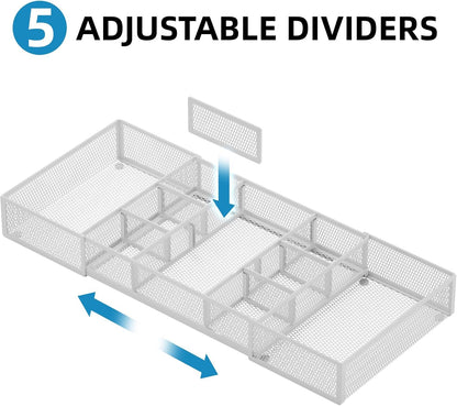 Marbrasse Expandable Desk Drawer Organizer, Mesh Drawer Organizer Tray with 10 Adjustable Compartments, Desk Organizers and Accessories for Office Supplies, Makeup & Vanity (Expandable White-2 pack)