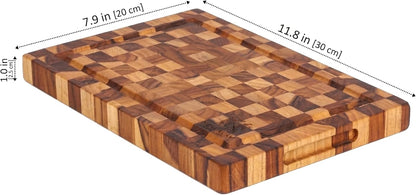Natural Teak Wood Cutting Board with Juice Groove – Durable End Grain Butcher Block, Knife-Friendly, FSC, Medium Thick Chopping Board for Kitchen BBQ Gifts (11.8 x 7.9 x 1 Inches)