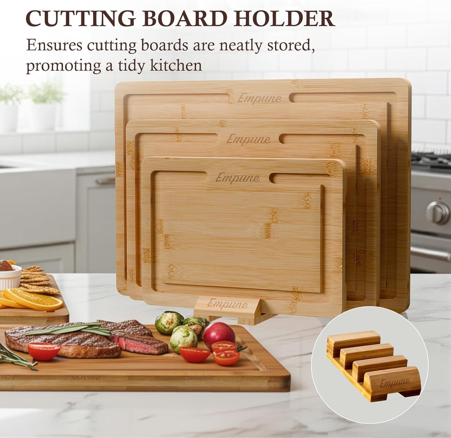 Empune Bamboo Cutting Boards for Kitchen, 3 Piece Extra Thick Cutting Board Set with Juice Groove, Deep Carbonized Bamboo Chopping Board, Reversible Wood Cutting Board for charcuterie boards, Brown
