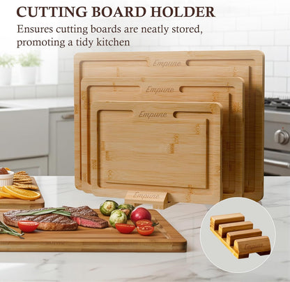 Empune Bamboo Cutting Boards for Kitchen, 3 Piece Extra Thick Cutting Board Set with Juice Groove, Deep Carbonized Bamboo Chopping Board, Reversible Wood Cutting Board for charcuterie boards, Brown
