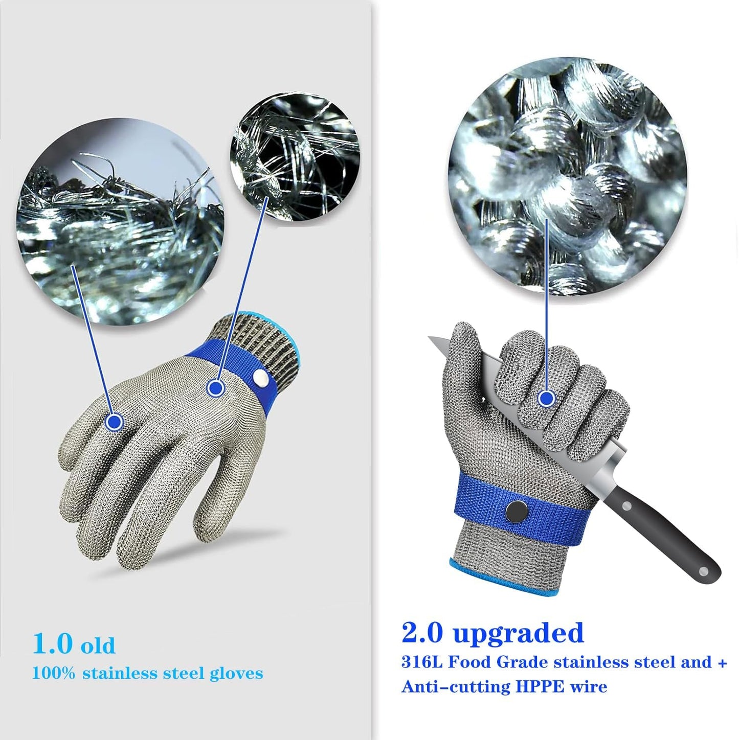 A9 Level 9 Cut Resistant Glove Food Grade, 2.0 Upgraded Protective/Anti Knife Cutting Stainless Steel Mesh Metal Glove, for Chefs Kitchen Work Oyster Shucking Butcher Meat Cutting (Large)