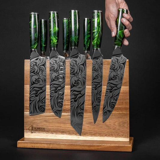 SENKEN Natural Acacia Hardwood Magnetic Knife Block - Double Sided Ultra Strong Neodymium Magnets - Knife Holder for 16 Knives (Acacia Hardwood)