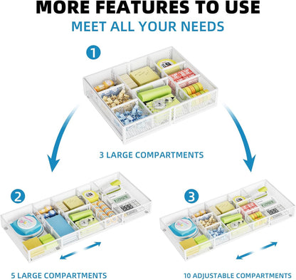 Marbrasse Expandable Desk Drawer Organizer, Mesh Drawer Organizer Tray with 10 Adjustable Compartments, Desk Organizers and Accessories for Office Supplies, Makeup & Vanity (Expandable White-2 pack)