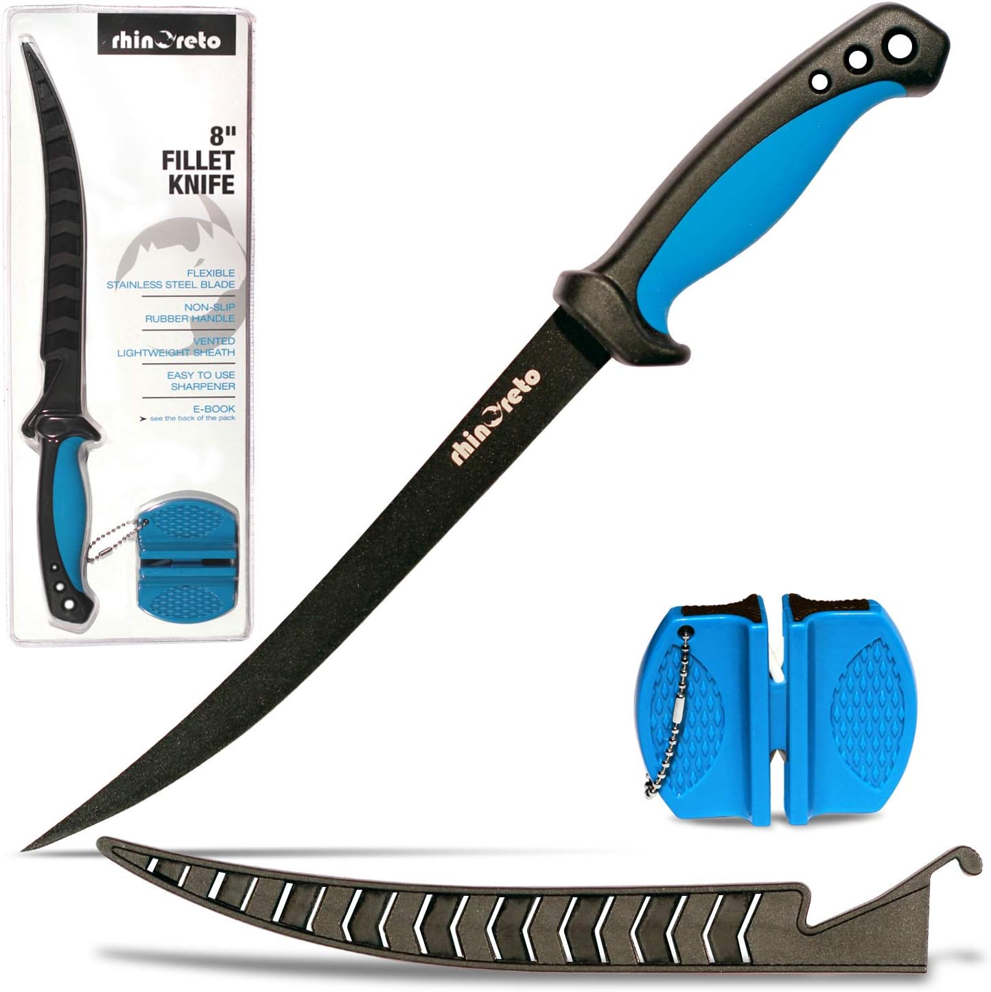 Rhinoreto Fillet Knife for Fish - Razor Sharp G4116 German Stainless Steel Blade, 6.5 Inch Professional Filleting & Boning Knife with Non-Slip Handle, Protective Sheath & Sharpener