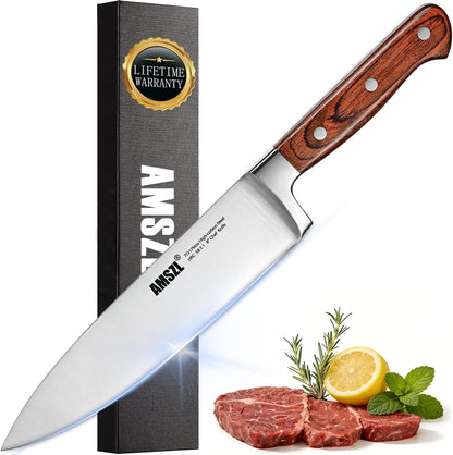 8 Inch Chef Knife Professional – Ultra Sharp German High Carbon Stainless Steel Blade Full Tang with Ergonomic Pakkawood Handle, Chef’s Knife for Slicing Meat Dicing Vegetables Home Kitchen