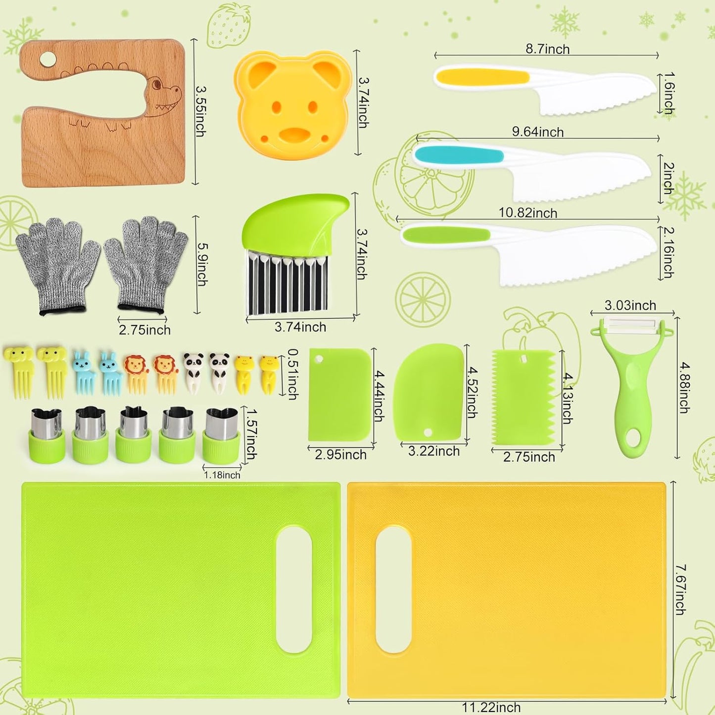 50PCS Kids Kitchen Cooking Set - Crocodile Wooden Kid Safe Knife Cutting Board Apron Gloves Fruit Vegetable Crinkle Cutters Peeler Serrated Edges Plastic Toddlers Knives, Kids Knifes for Real Cooking