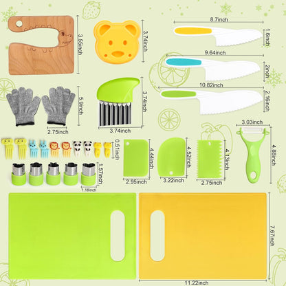 50PCS Kids Kitchen Cooking Set - Crocodile Wooden Kid Safe Knife Cutting Board Apron Gloves Fruit Vegetable Crinkle Cutters Peeler Serrated Edges Plastic Toddlers Knives, Kids Knifes for Real Cooking