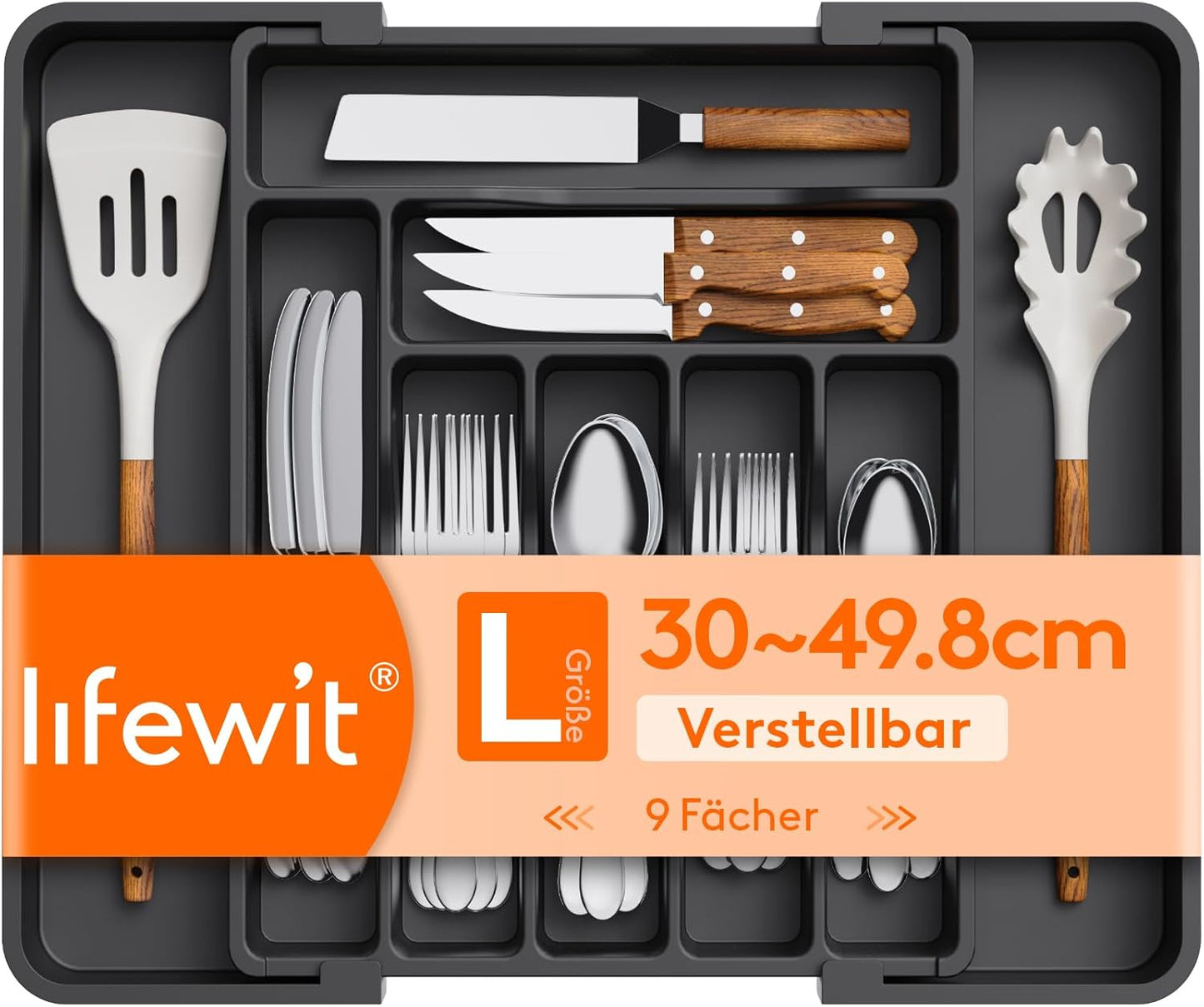 Lifewit Utensil Organizer for Kitchen Drawer, Expandable Cooking Silverware Tray, Adjustable Cutlery Flatware Holder, Plastic Spatula Tools Storage Divider, 14.4 x 15.8", Black