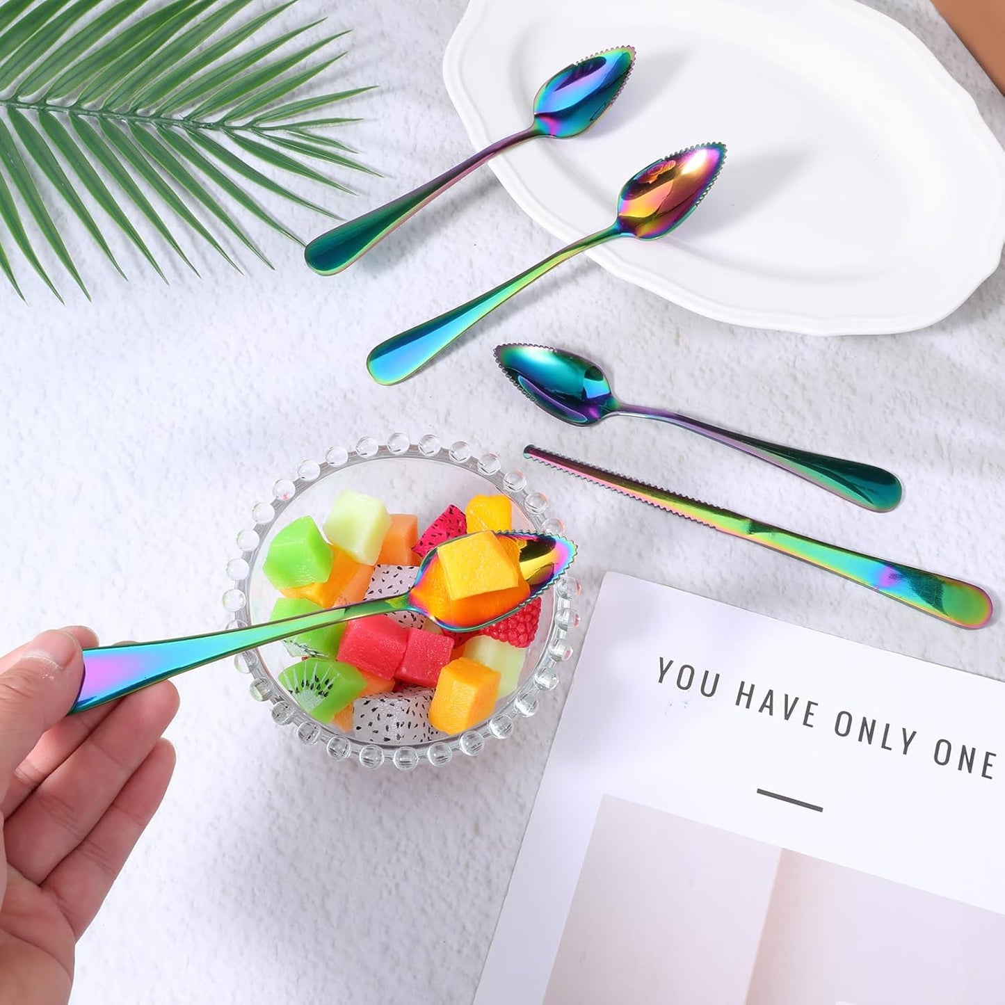 5 Pcs Grapefruit Spoons and Knife Set Gold Stainless Steel Serrated Utensils for Citrus Kiwi Melon Lemon Puree Dishwasher Safe