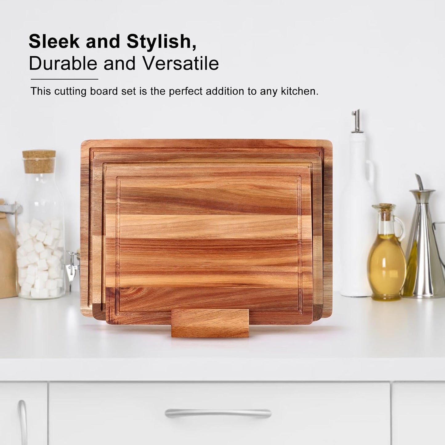 Acacia Wood Cutting Boards for Kitchen, Wooden Chopping Board with Side Handle and Juice Groove, 15" X 11" Carving Board, Butcher Block, Cheese Charcuterie Boards for Meat, Fruit, Steak