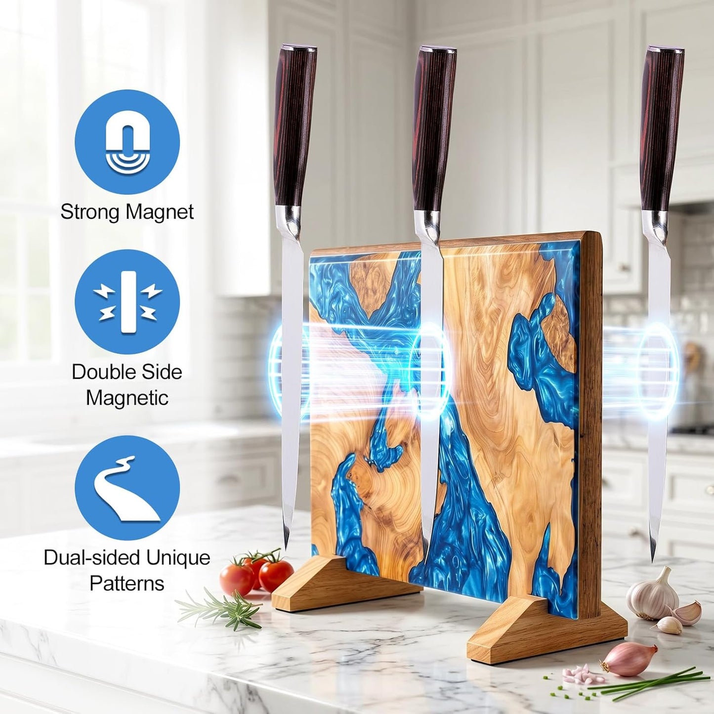 ENOKING Magnetic Knife Holder, Double Sided Knife Block, Powerful Magnet Kitchen Storage, Acacia Wood and Blue Resin (16 x 10 Inches, Without Knives) (Blue)