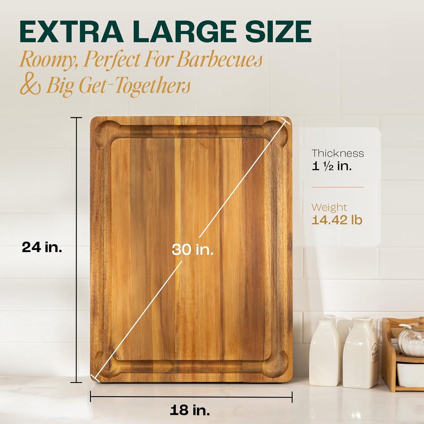Yes4All Durable Acacia Cutting Boards for Kitchen, [17''Lx13''Wx1.5” Thick] Medium Edge Grain Cutting Board, Pre Oiled Wood Cutting Boards, Thick Chopping Board w/Juice Grooves and Easy Grip Handle