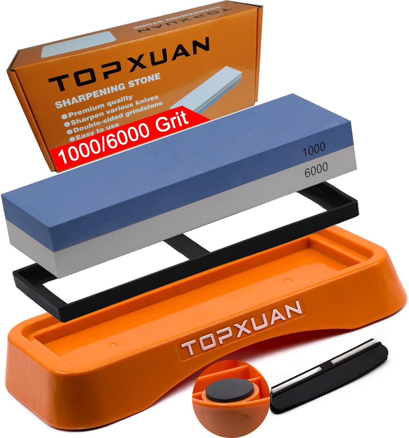 Knife Sharpening Stone 2 Sided 240/800 Grit Sharpener Waterstone,Professional Kitchen Whetstone with Orange Plastic Base,Non-slip Rubber and Angle Guide