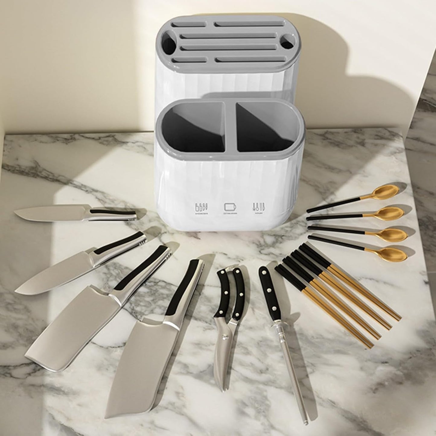 Yimerlen Universal Knife Block, Stainless Steel Universal Knife Holder Block Without Knives, Modern Kitchen Knife Storage Organizer for Countertop (Beige)