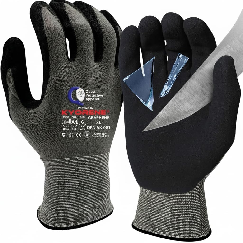Quest Protective Apparel Cut Resistant Work Gloves (ANSI A1) – Lightweight Graphene Gloves for Gardening, DIY, Mechanical & General Handling – Breathable Grip Gloves for Men & Women – Large, Pack of 3