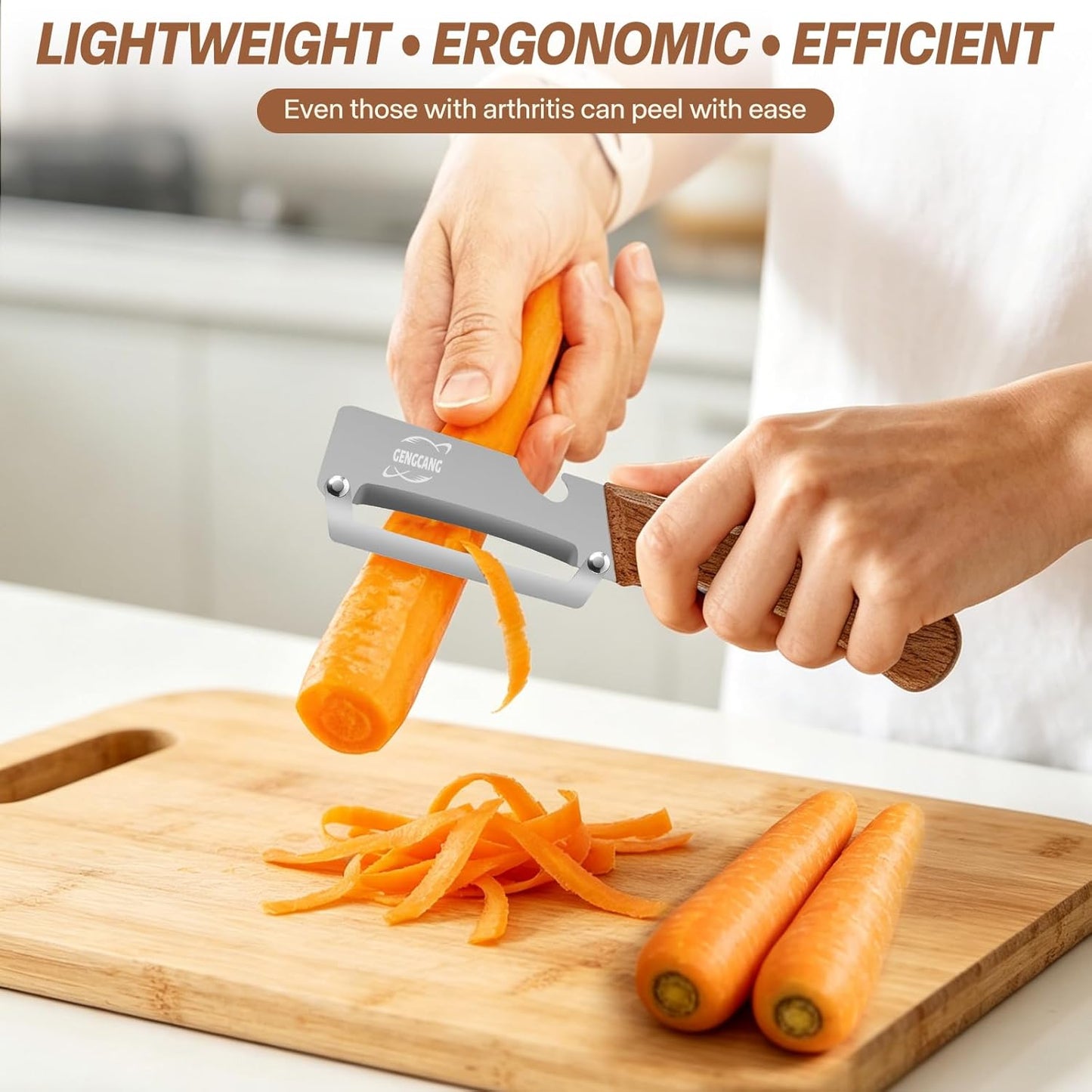 Multi-Functional Vegetable Peeler, Non-Slip Wooden Handle with Sharp Stainless Steel Blade, Built-in Bottle Opener - Perfect Kitchen Peeler For Veggie, Fruit, Potato, Carrot, Apple
