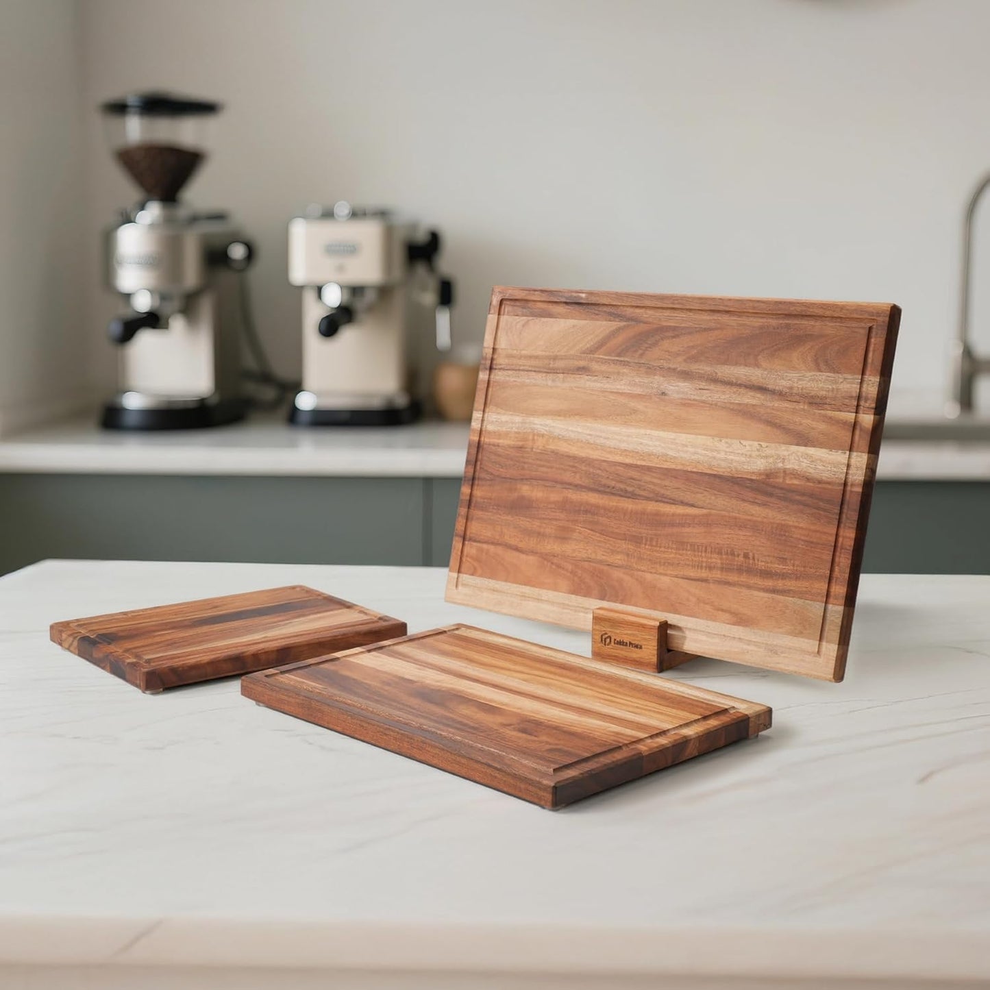 Non Toxic Acacia Wood Cutting Board Set with Stand | 3 Pcs Knife-Friendly Non-Slip Wooden Cutting Boards for Kitchen | 0.7″Thick Butcher Block | Solid Chopping Boards with Juice Groove
