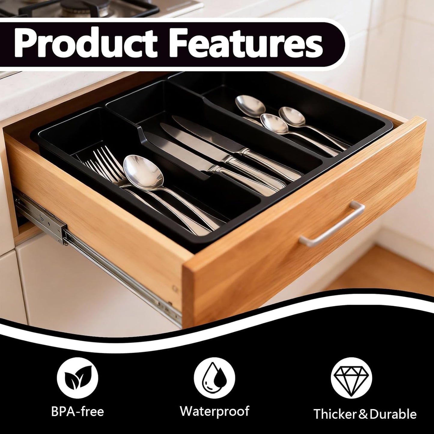 Kitchen Utensil Drawer Organizer, Expandable Cooking Silverware Tray, Adjustable Cutlery Flatware Holder for Spoon Fork Knife, 3 Compartments Black Plastic Spatula Tools Gadgets Storage Divider