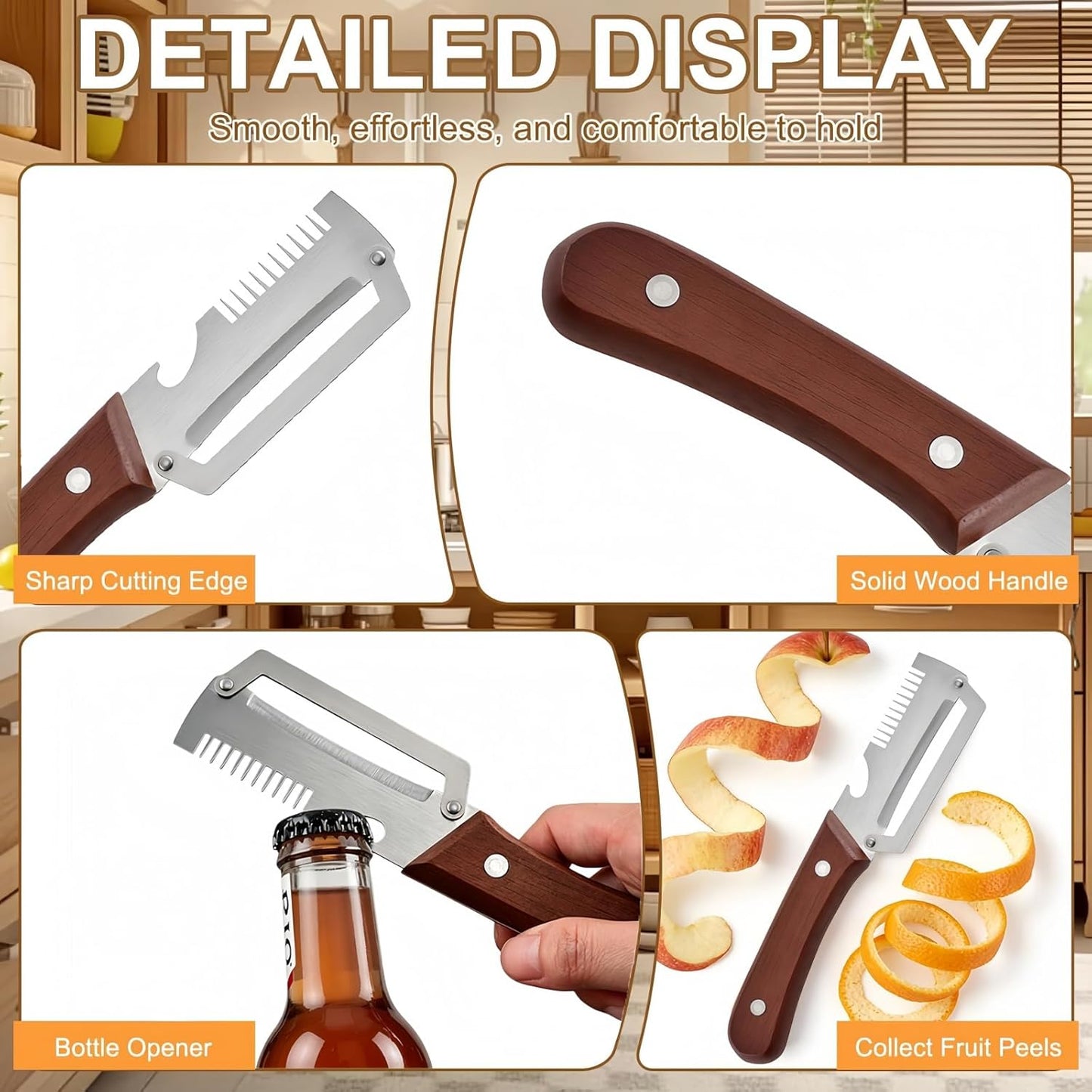2PCS Multifunctional Vegetable Peeler, Upgrade 3-in-1 Wooden Handle Peelers with Bottle Opener, Premium Stainless Steel Peeler, Fruit Knife for Welsh Onion, Potato, Carrot, Apple, Pumpkin with a Brush