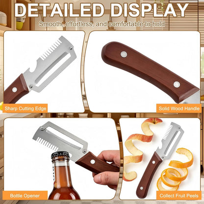2PCS Multifunctional Vegetable Peeler, Upgrade 3-in-1 Wooden Handle Peelers with Bottle Opener, Premium Stainless Steel Peeler, Fruit Knife for Welsh Onion, Potato, Carrot, Apple, Pumpkin with a Brush