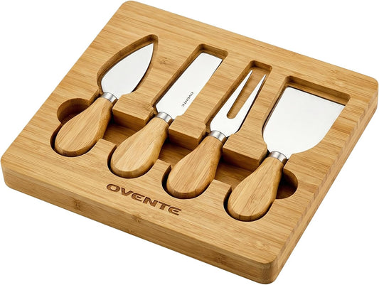 OVENTE 4 Piece Cheese Knife Set with Bamboo Handle & Wooden Case, Complete Stainless Steel Charcuterie Knives, Ideal Cheese Slicer, Spread & Butter Cutter for Party and Holiday Gift, Brown KCS5974B