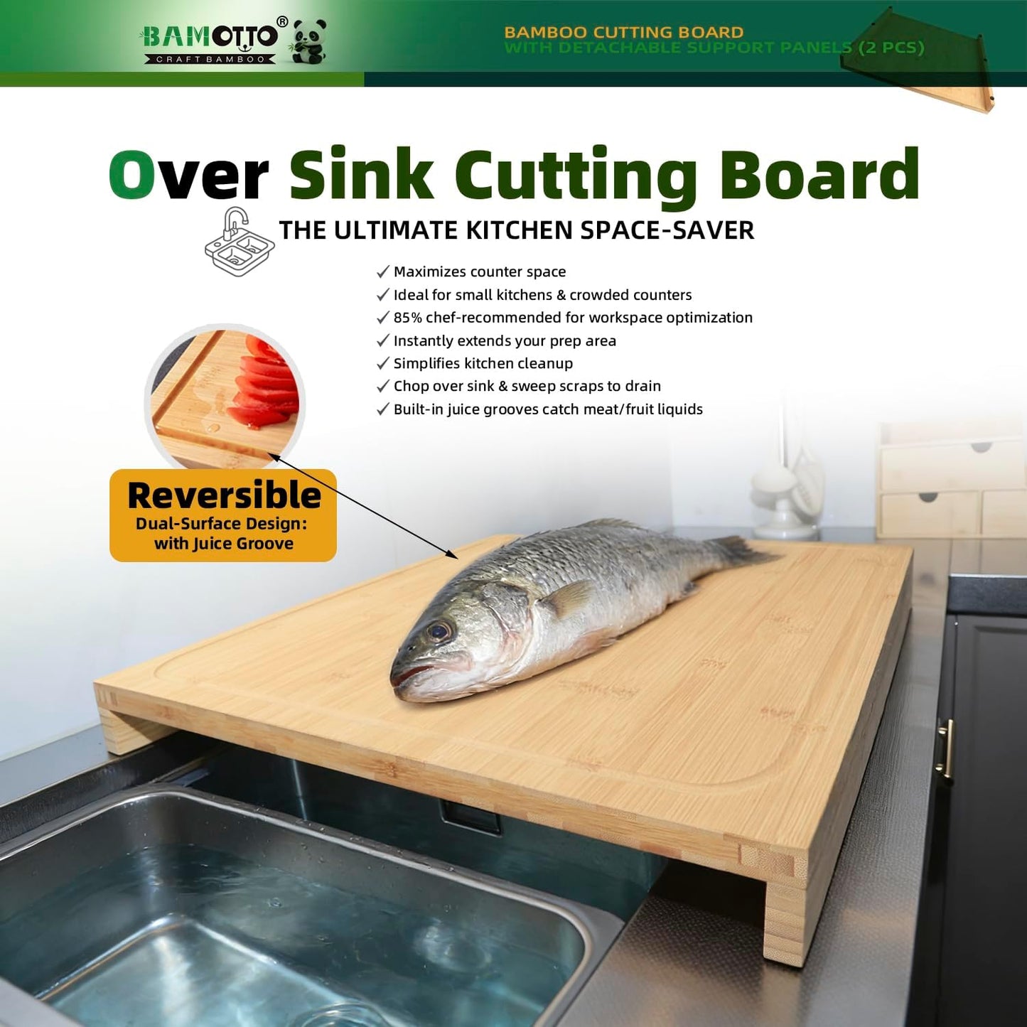 BAMOTTO CRAFTBAMBOO 18.1x21.3 Inch Large Bamboo Cutting Board with 2 Detachable Support Panels, Reversible, Kitchen Countertop Dishwasher Cover & Over Sink, Tray and Carving Board
