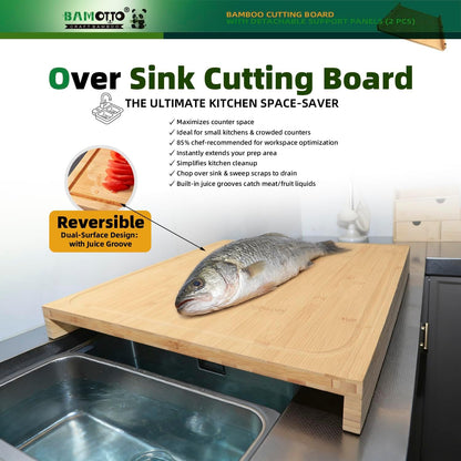 BAMOTTO CRAFTBAMBOO 18.1x21.3 Inch Large Bamboo Cutting Board with 2 Detachable Support Panels, Reversible, Kitchen Countertop Dishwasher Cover & Over Sink, Tray and Carving Board
