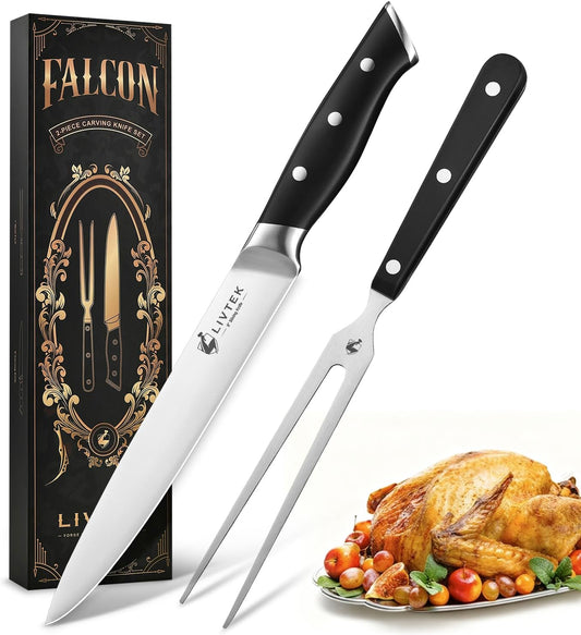 Livtek Knife Set with Block - Kitchen Knife Set German High-Carbon Stainless Steel with Built-in Sharpener - Full Tang, Triple-Rivet Ergonomic Handle - Holiday Gift Idea - 15-Piece, Falcon Series.