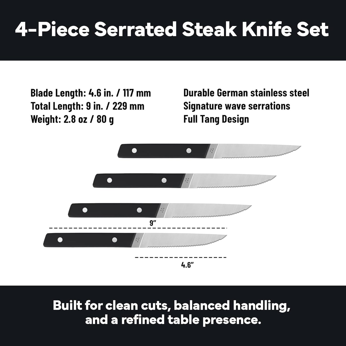 Misen Steak Knives Set of 4 - Precision Serrated Blades for Effortless Dining - Stainless Steel - Superior Cuts with Four Steak Knives Handles - Black