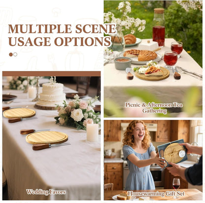 Maxcheck 18 Sets Baby Shower Bridal Game Prizes for Winners Round Cheese Board Set Wood Mini Charcuterie Board with Knives and Forks Thank You Card with Gift Box for Guests Wedding (Bamboo)