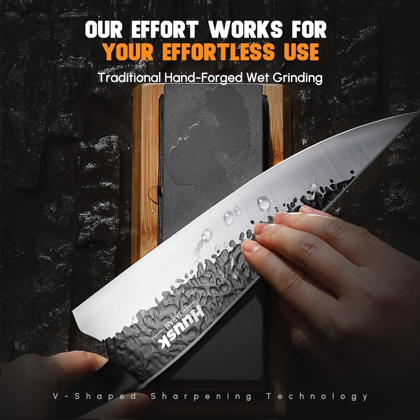 Huusk Japanese Chef Knife Set - Hand Forged Kitchen Knives for Meat Cutting - ATS-34 Carbon Steel Knives Set with Wooden Handle - Viking Cooking Knife Sets for BBQ Christmas Gift for Men and Women