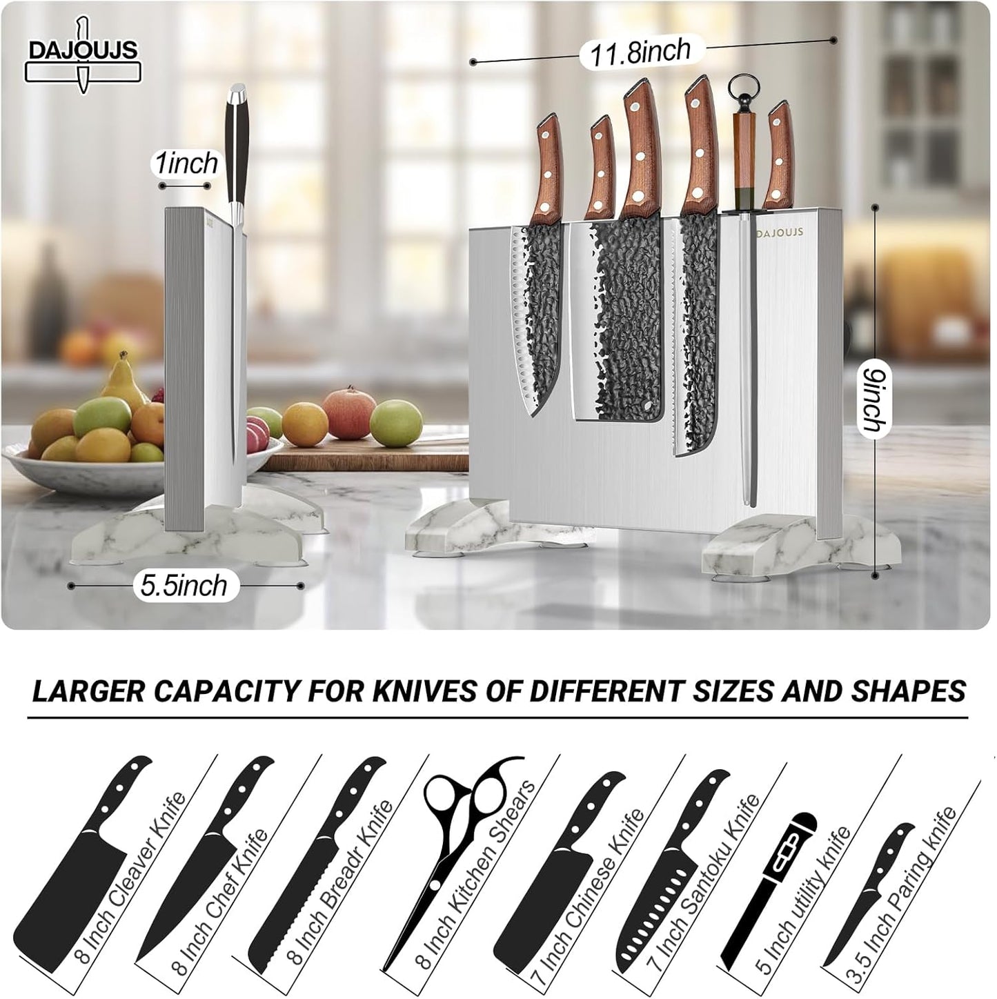 Magnetic Knife Holder, Stainless Steel Magnetic Knife Block without Knives, Strong Double Sided Magnet Knife Storage Strip with Wood Base for Kitchen Counter-Silver
