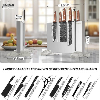 Magnetic Knife Holder, Stainless Steel Magnetic Knife Block without Knives, Strong Double Sided Magnet Knife Storage Strip with Wood Base for Kitchen Counter-Silver