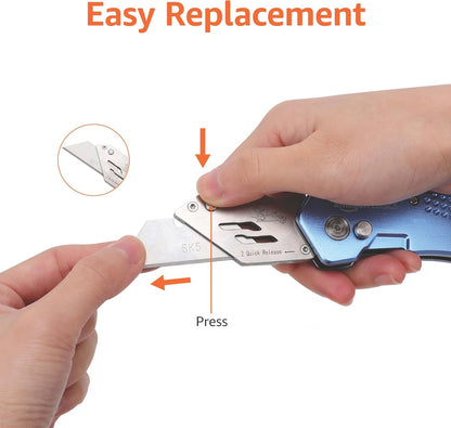 Amazon Basics Folding Utility Knife Box Cutter with Locking Mechanism, Quick Change Blade, Lightweight Aluminum Body, Holster, Light Blue
