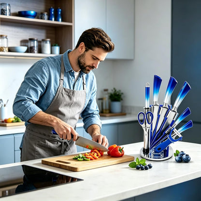 Elegant Purple 9-Piece Kitchen Knife Set with Acrylic Block,Non Stick Sharp Stainless Steel Chef Knives with Sharpener,Gift Ready Cutlery Set for Women