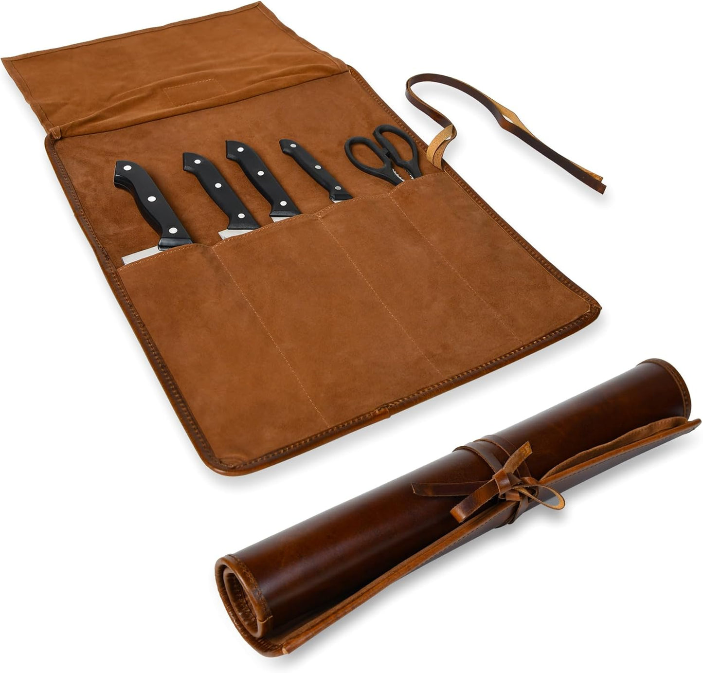 Leather Knife Roll Bag for Professional Chefs 4 Slot Full Grain and Suede Leather Knife Case Handmade Culinary Tool Roll Organizer for Travel, Kitchen and Outdoor Cooking (Black)