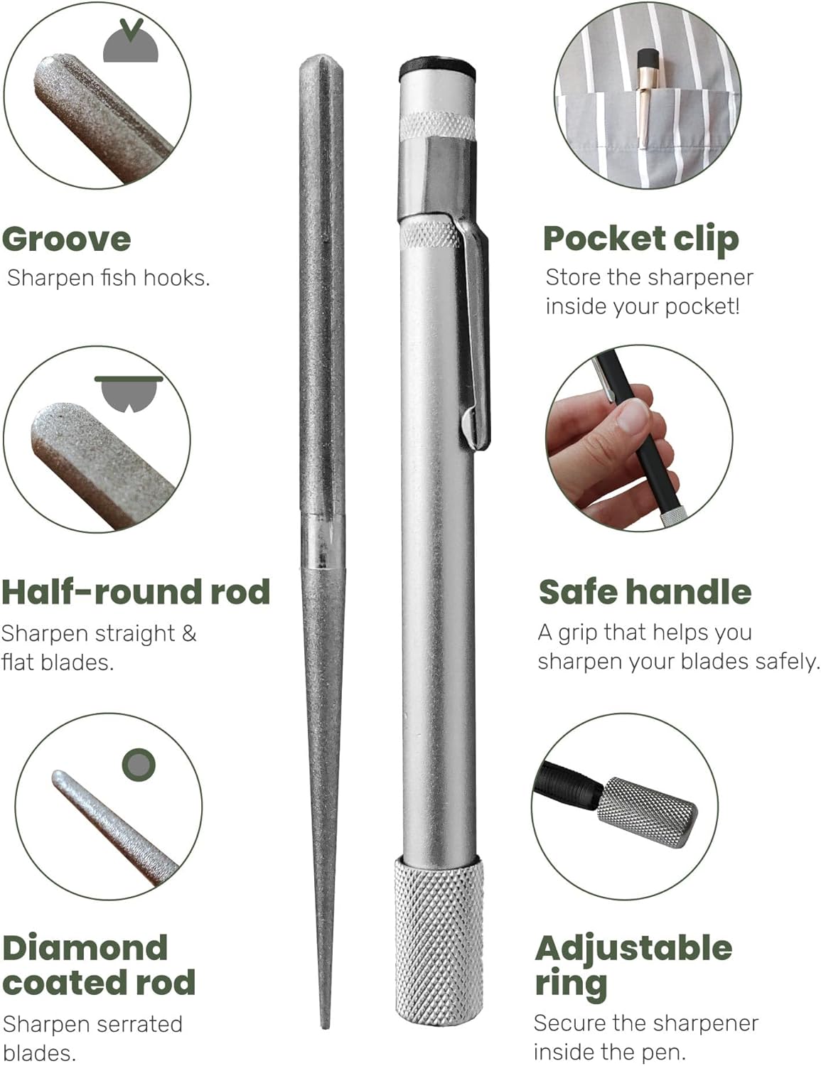 Wamery Serrated Knife Sharpener 2 Pack - Retractable Diamond Rod Pocket Sharpener for Serrated & Straight Blades - Multifunctional Sharpening Tool for Outdoor Kitchen Fishing Hunting (Silver & Black)