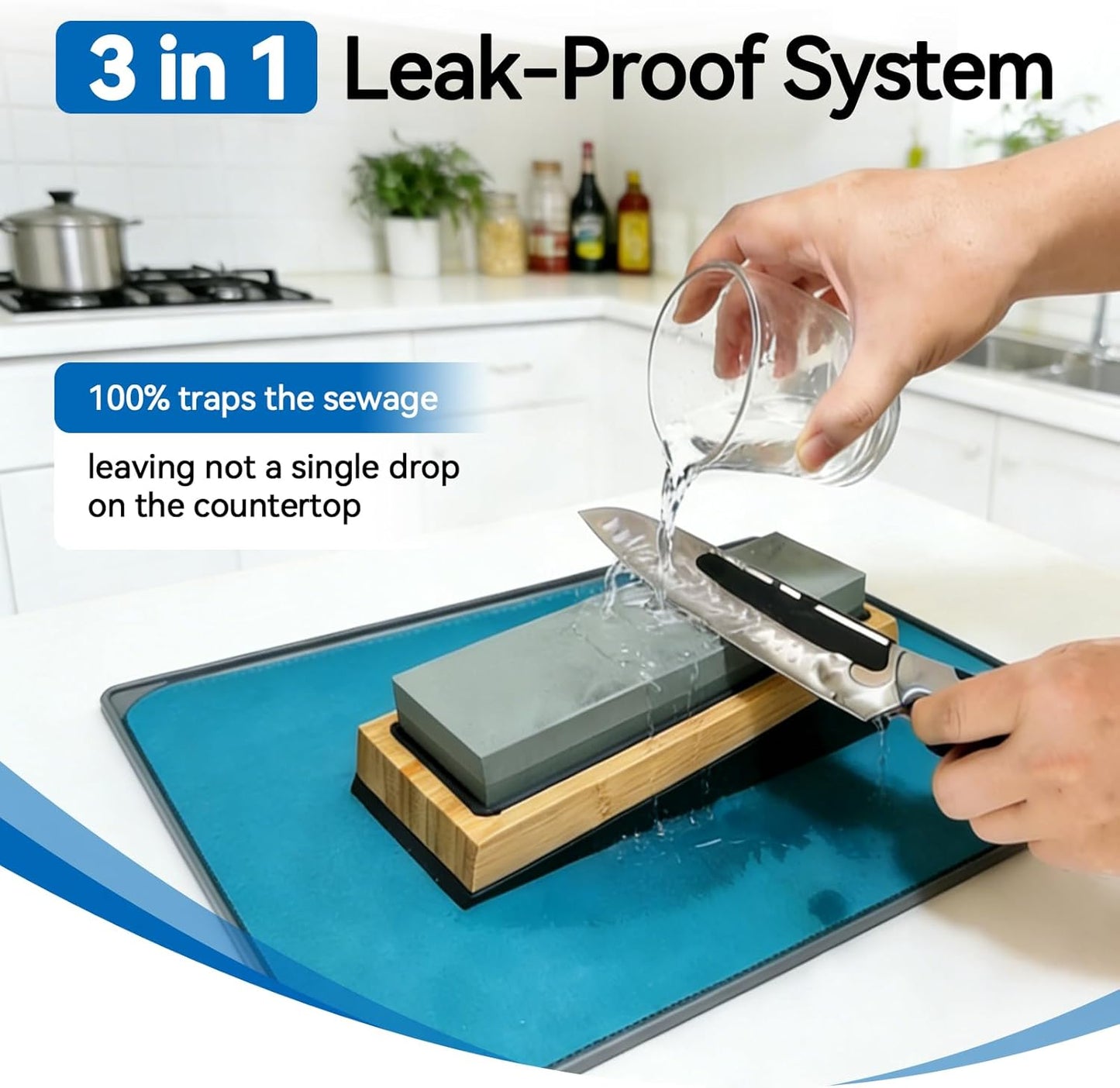 No-Mess Knife Sharpening Kit - Leak-Proof Silicone Tray & Absorbent Diatomite Mat with 15 Angled Whetstone Holder & Angle Guide | All-in-One Sharpening System