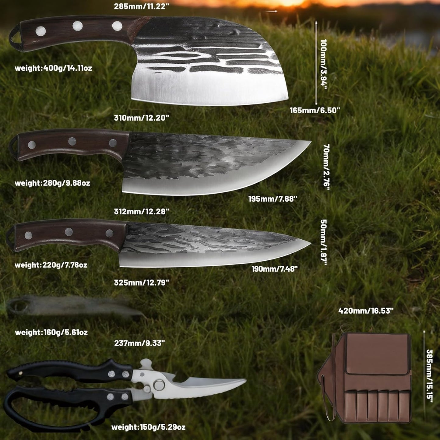 KOFERY Damascus Steel Butcher Knife Set with Full Tang Blades for Pit Master BBQ Meat Carving, Smoking Meat & Game Processing with Canvas Knife Roll for Camping, Gift for Men