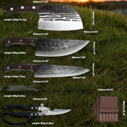 KOFERY Damascus Steel Butcher Knife Set with Full Tang Blades for Pit Master BBQ Meat Carving, Smoking Meat & Game Processing with Canvas Knife Roll for Camping, Gift for Men