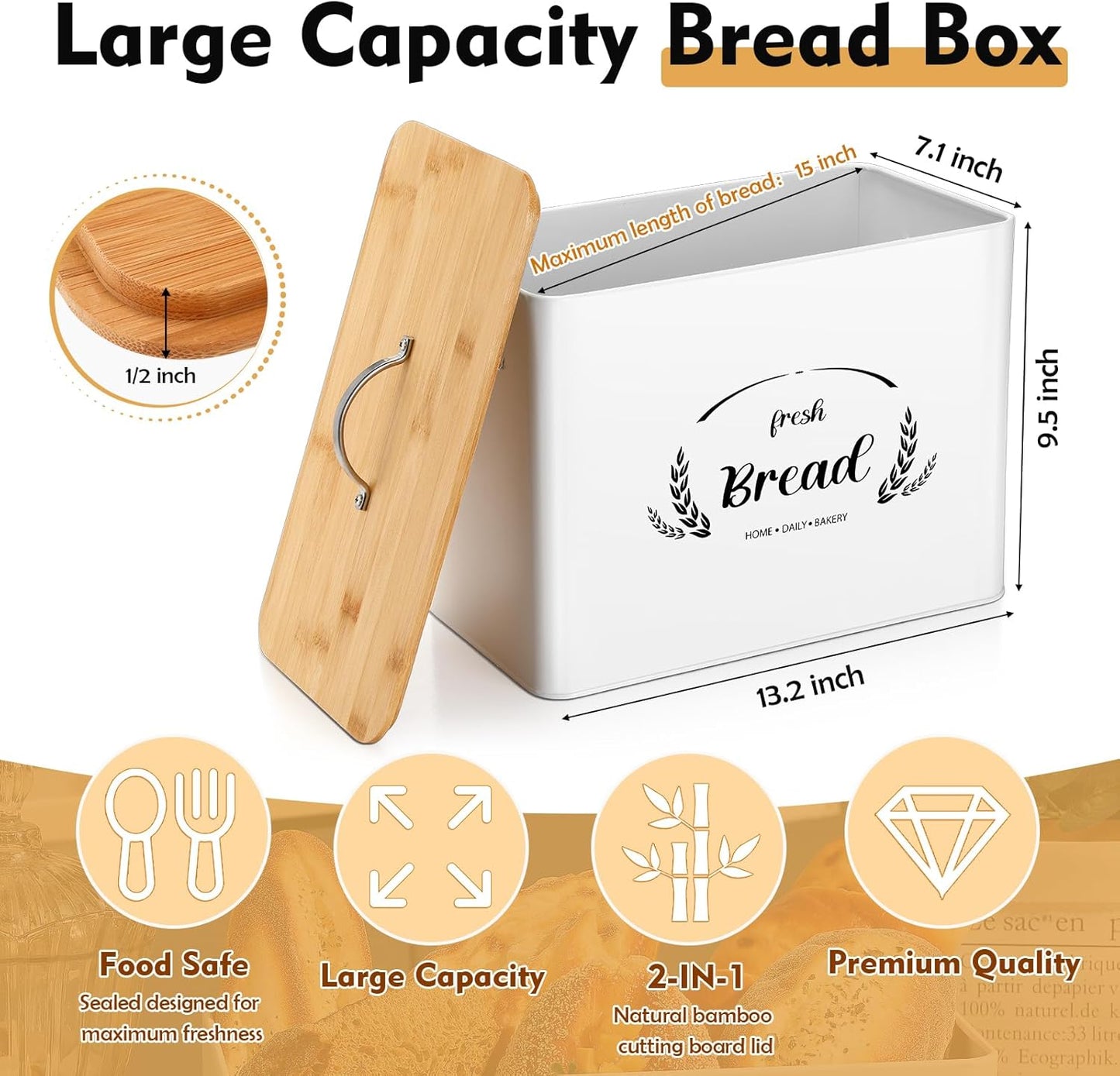 Qinyoung 2 Pcs Large Bread Box Set for Kitchen Countertop with Ceramic Butter Dish Holder Bamboo Lid Knife Metal Bread Holder Farmhouse Kitchen Storage Container for Home Housewarming Gift(Grey)