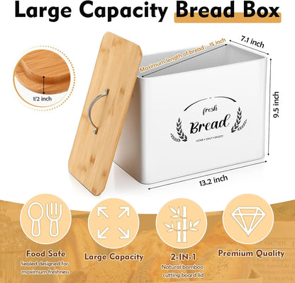 Qinyoung 2 Pcs Large Bread Box Set for Kitchen Countertop with Ceramic Butter Dish Holder Bamboo Lid Knife Metal Bread Holder Farmhouse Kitchen Storage Container for Home Housewarming Gift(Grey)