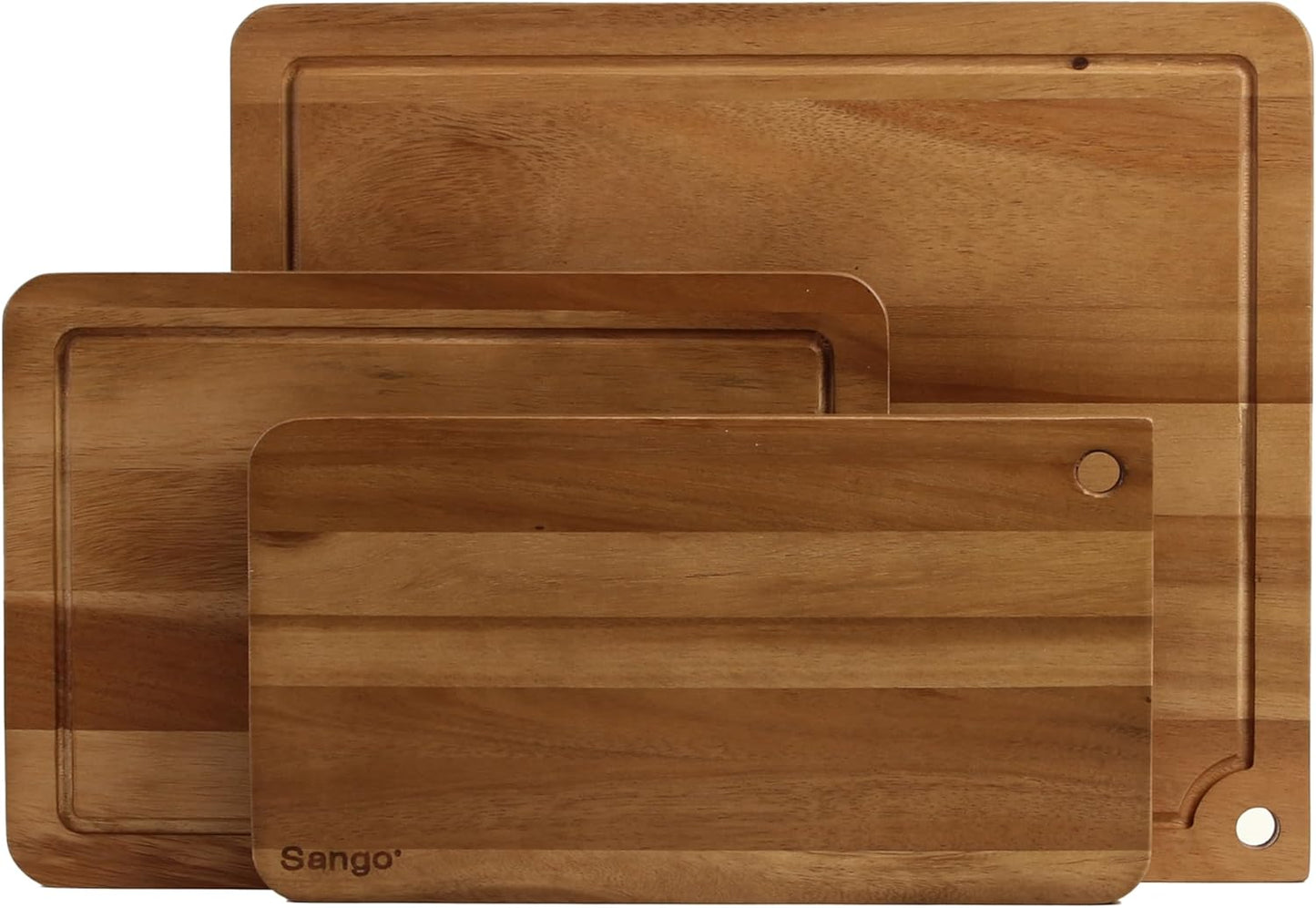 Sango Acacia Cutting Board Set with Juice Grooves and Partitions for Serving, 3-Piece- Wood Chopping Boards, Stackable & Reversible for Kitchen, Non-Toxic, Perfect as Butcher Block Countertop, Atelier