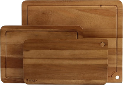 Sango Acacia Cutting Board Set with Juice Grooves and Partitions for Serving, 3-Piece- Wood Chopping Boards, Stackable & Reversible for Kitchen, Non-Toxic, Perfect as Butcher Block Countertop, Atelier