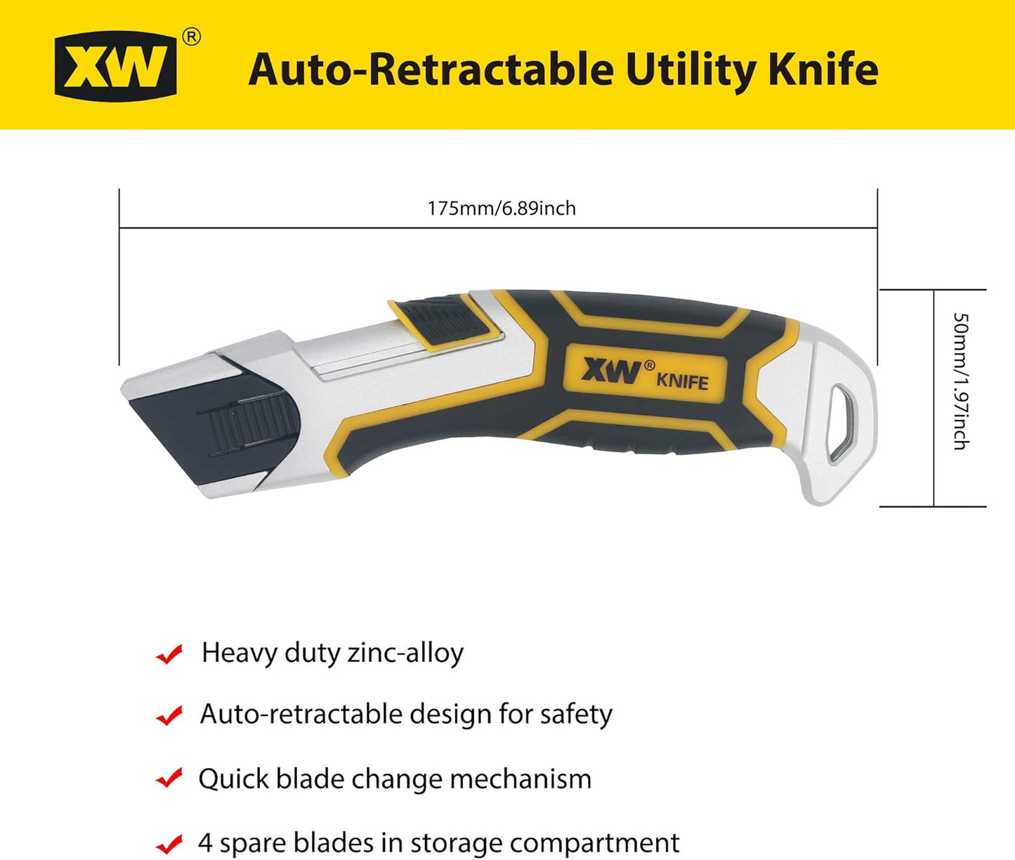 XW Auto-Retractable Safety Utility Knife, Box Cutter of Quick Blade Change, 4 Spare Blades Storage in Handle