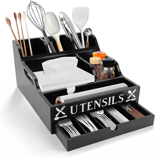 Kitchen Utensil Holder with Drawer, Farmhouse Spatula Organizer for Countertop,Large Capacity Flatware Spoon Forks Knives Cooking Tool Cutlery Holder for Party Picnic BBQ with 11 Compartments(Black)
