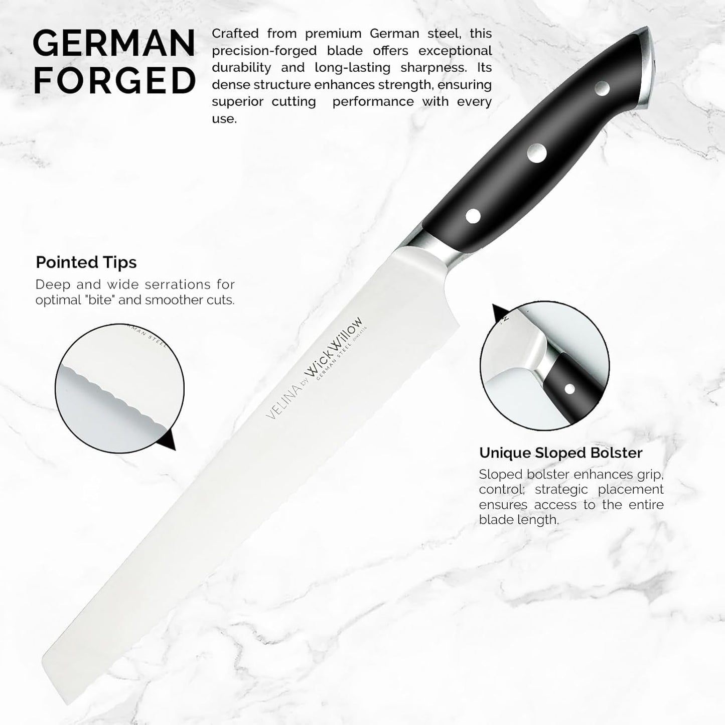 WICKWILLOW 10" Bread Knife – Razor Sharp German Steel – Serrated Knife for Homemade Bread & Sourdough – Full Tang & Ergonomic Handle – Gift Box – Velina Series